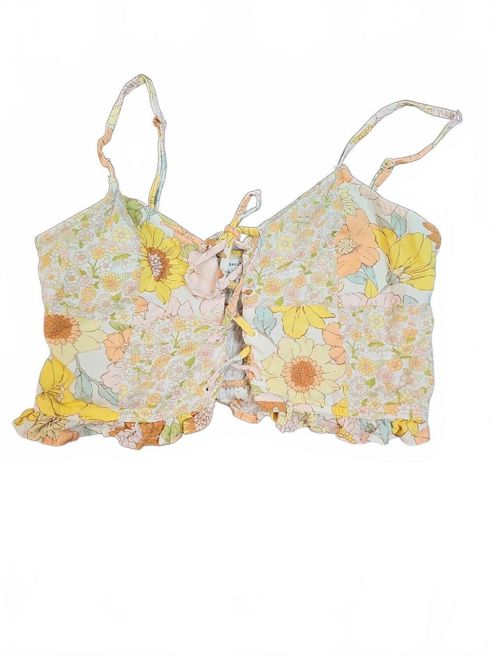 American Eagle Tank Top Women’s Floral Smocked Back S Yellow Orange Summer